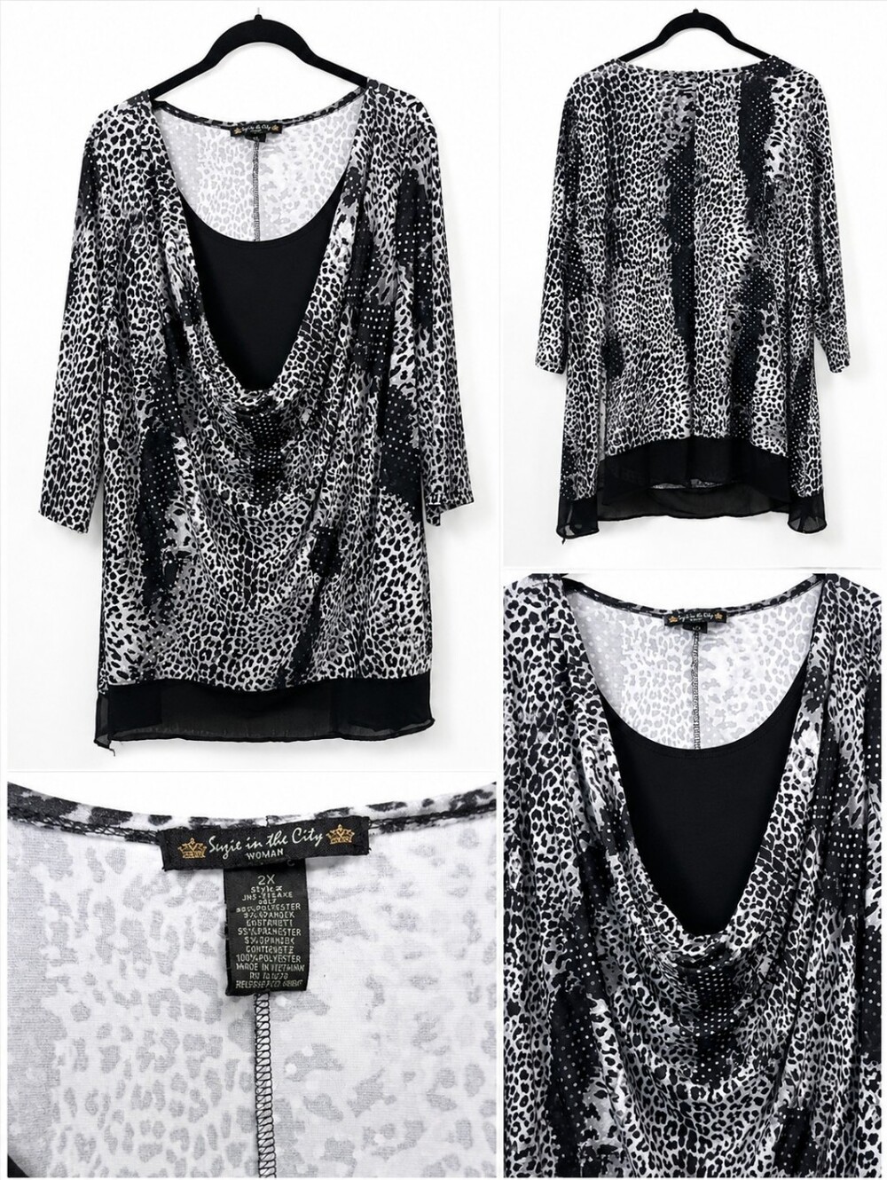 Suze in the City Black & White Leopard Drape Neck Tunic